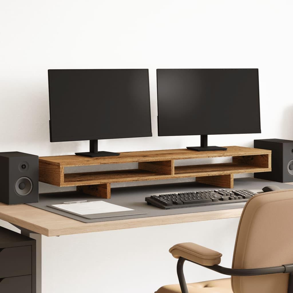 Mangloder - Supporto per monitor, effetto legno anticato, 100 x 27 x 15 cm, per lavorare ergonomicamente in casa e in ufficio, con spazio di archiviazione, gestione dei cavi e capacità di carico