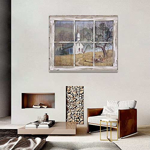 Country Church Wall Art Christian Church Pictures Wall Decor 3D Window Church Canvas Painting Print Rustic Religion Faith Farmhouse Home Decor Artworks Framed For Living Room Bedroom Office 20"X16" #TOP6