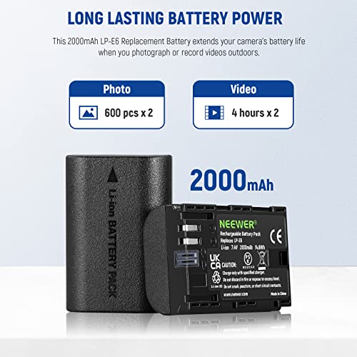 Image of NEEWER Replacement Battery and Charger Set for LP-E6 LP-E6N, Compatible with Canon 5D Mark II III 5D Mark IV 6D Mark II 7D Mark II 70D 80D 90D, 2 Pack 2000 mAh Batteries and Dual Channel USB Charger