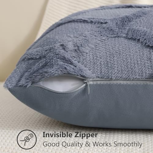 decorUhome Throw Pillow Covers 18x18 Inch Set of 2, Soft Plush Faux Fur Wool Blue Grey Couch Pillow Covers, Decorative Neutral Pillow Cases for Bed Sofa Living Room Home Decor