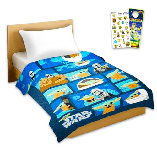 STAR WARS Baby Yoda Bedspread Twin Set - Bundle Quilted Twin Blanket Stickers More | Mandalorian Room Decor Bedding Set for Boys Girls Kids