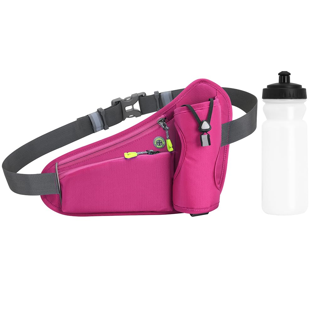 Tyuodna Running Belt with Water Bottle Holder,Ultra Light and Waterproof Waist Pack, with Reflective Strips and Headphone Hole Ideal Adjustable for Exercise, Travel Hiking & Outdoor (Pink+Bottle)