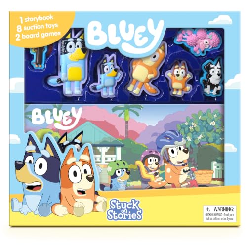 Bluey Stuck on Stories - Activity Books for kids, 16-page storybook, 8 toy suction cups, 2 board games to enjoy