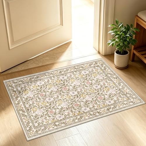 Tapete decorativo vintage floral 2x3 beige lavable antideslizante