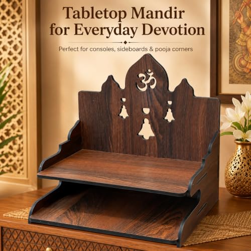 Image of The Castle Decor Wooden Mandir for Home, Wall Hanging & Tabletop Pooja Temple with 2-Tier Storage Shelf, Om & Bell Cutwork, MDF Mandir for Pooja Room, Office & Hostel, 11 x 11 x 10 Inch (Design-4)