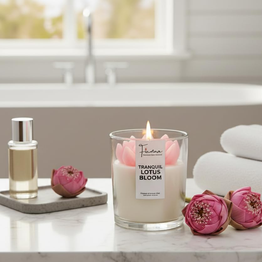 Image of Serene Pink Lotus Pond Scented Jar Candle | 200gm Soy Wax with Pink Lotus Flower Topper | Tranquil Rose Fragrance | Unique Christmas Gift, Home Decor for Peace & Meditation