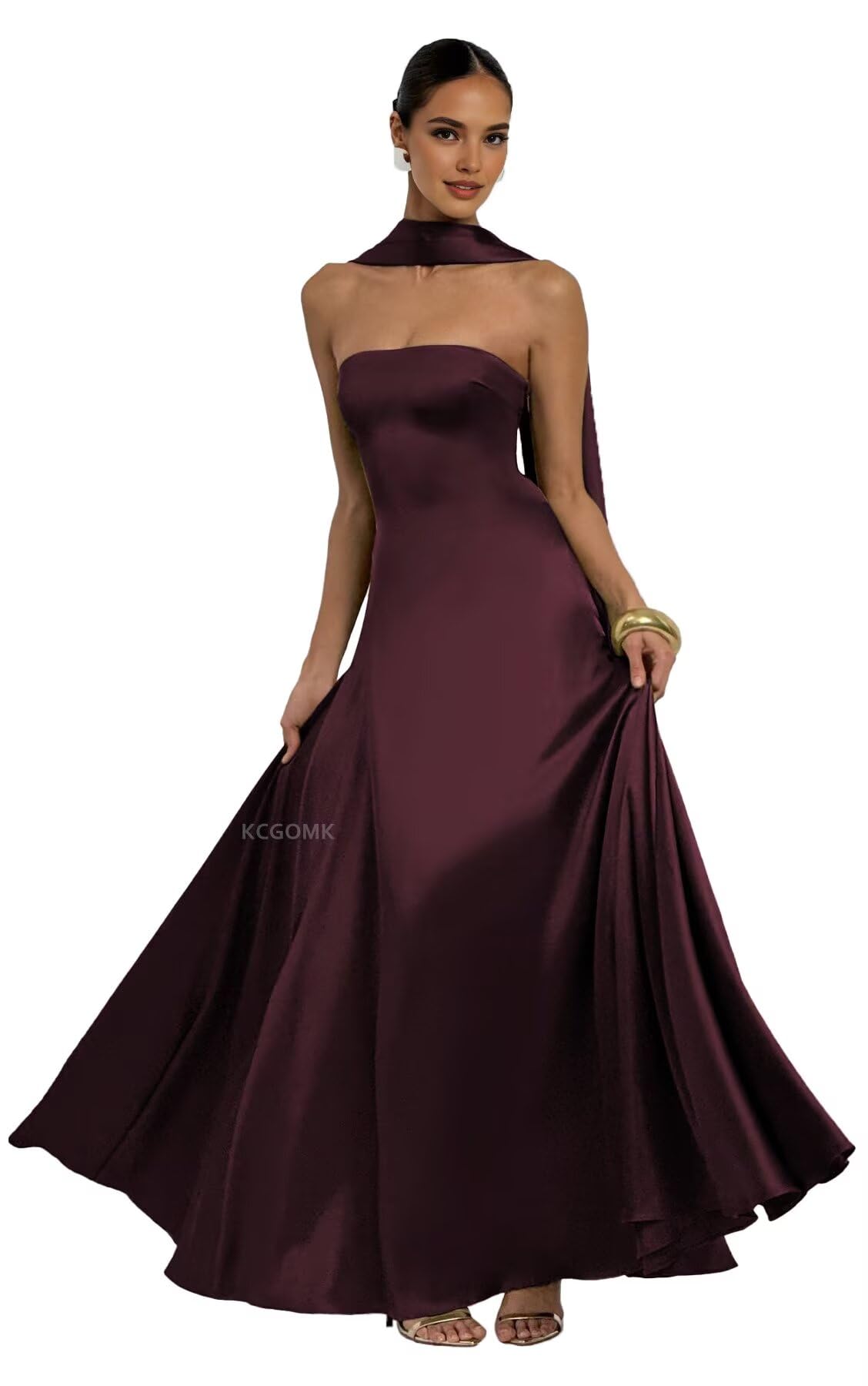 Strapless Prom Dresses for Women Long Wedding Guest Dress Satin A Line Elegant Formal Evening Gowns with Scarf