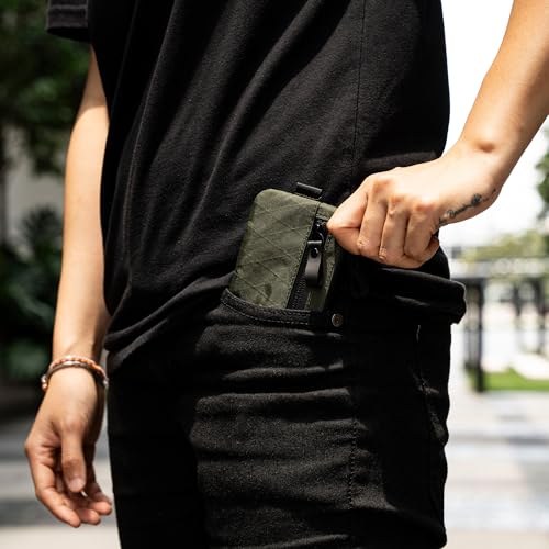 Image of ALPAKA Zip Pouch RFID Mens Wallet Cash and Card Front Pocket Wallet with X-Pac Weatherproof Fabrics, YKK Zipper, EDC Pouch for Men Travel, Dark Green, Small, Minimalist | Fits Cash and Cards, YKK AquaGuard Zipper, Weatherproof Fabrics X-Pac, EDC Pouch for Men Travel