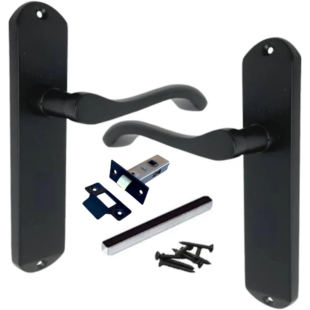 Epsom Door Handle Black Cadenza Matt Victorian Scroll Door Handles With 63Mm Tubular Latch – Lever Latch Interior Door Handle Set On 178Mm X 38Mm Backplate – Traditional Internal Door Handle