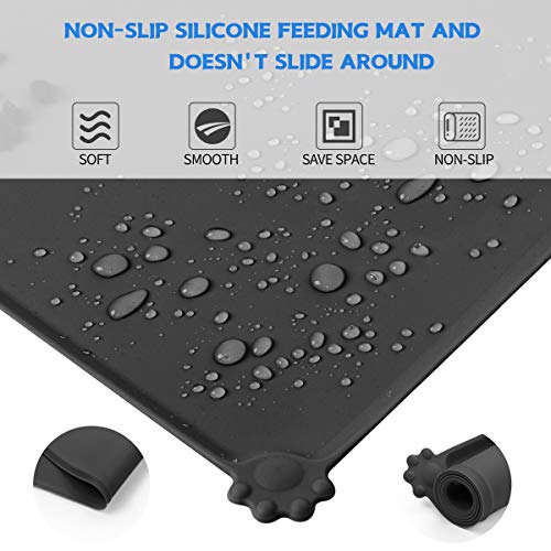 Silicone Dog Food Mat Waterproof Pet Feeding Mat Cat Water Bowl Mat Non-Slip Pet Safety Grade Silicone with Raised Edges Easy Clean Collect Food and Water Spills for Small and Medium Pets (Black)