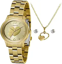 RELÓGIO LINCE FEMININO DOURADO CORAÇÃO+COLAR DE