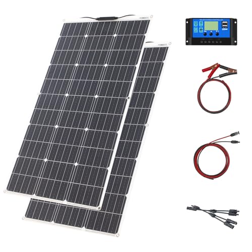 Kit Panel Solar Monocristalino Flexible Módulo Panel Solar 200W 20A 12V/24V Controlador Carga Solar Para Embarcaciones Sistema Aislado la Red Camping, Balcones Sistema Solar Autocaravana