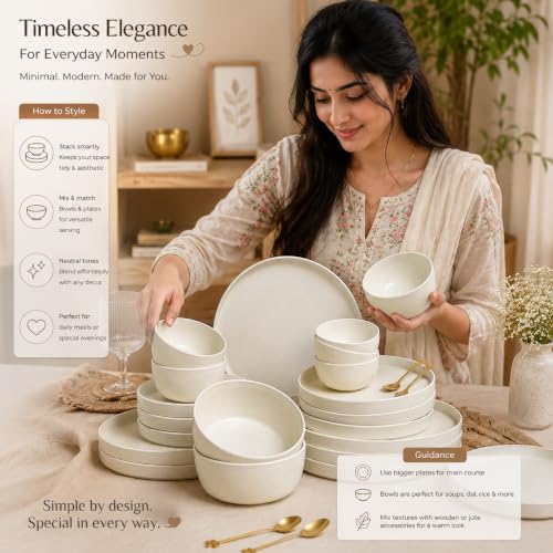 Image of MARKET 99 Heavy-Duty Matte Minto Cream Sparkle Melamine Dinner Set 20 Pcs | Full & Side Plates, Soup & Serving Bowls | Break-Resistant, Lightweight Dinnerware for Kitchen, Dining & Home
