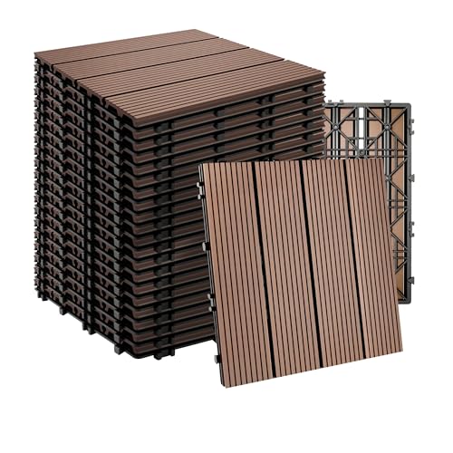 Relaxdays WPC Fliesen 22 Stück, 30x30 cm, Balkonfliesen wetterfest, Terrassenplatten Klicksystem, 2 m², Holzoptik, braun