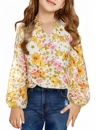 Image of blibean Girls Flower Bell Long Sleeve Blouse Fall Floral Tops 4-15 Years | Kids Flowy V-Neck Bell Long Sleeve Tops, Boho Flower Print Loose Fit Tunic, Spring Fall Cute Casual Dress Bohemian Clothes