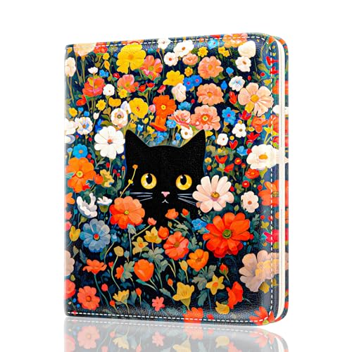 Rouidr Womens Wallet, RFID Small Slim Wallet for Women, Cute Bifold Leather Pocket Credit Card Holder Ladies Mini Purse with Zipper Coin Pocket & ID Window, Colorful Flowers Cat