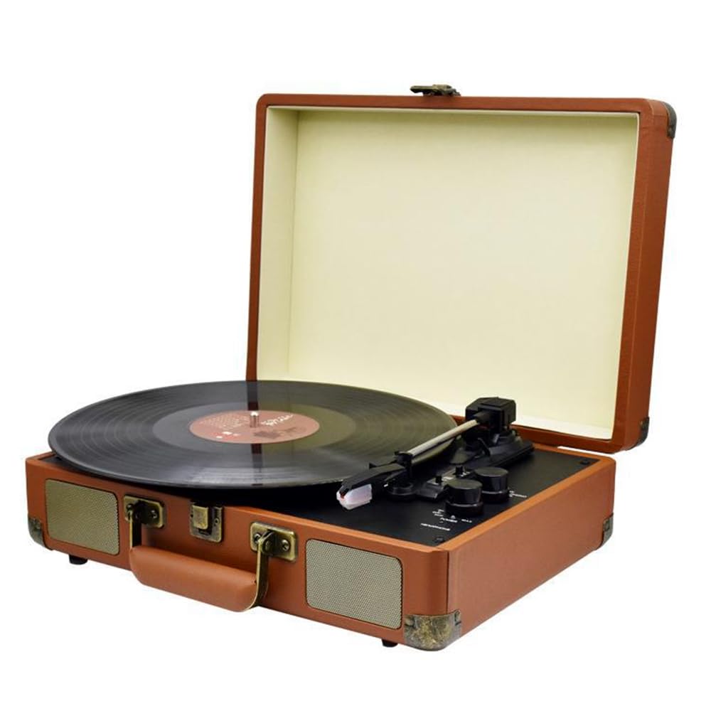 Domary Giradischi in Vinile Giradischi Portatile a 3 velocità 33 45 78 Giri/min Supporta Dischi da 7 10 12 Pollici con Altoparlanti Integrati Funzione BT Custodia in Legno (Spina europea)