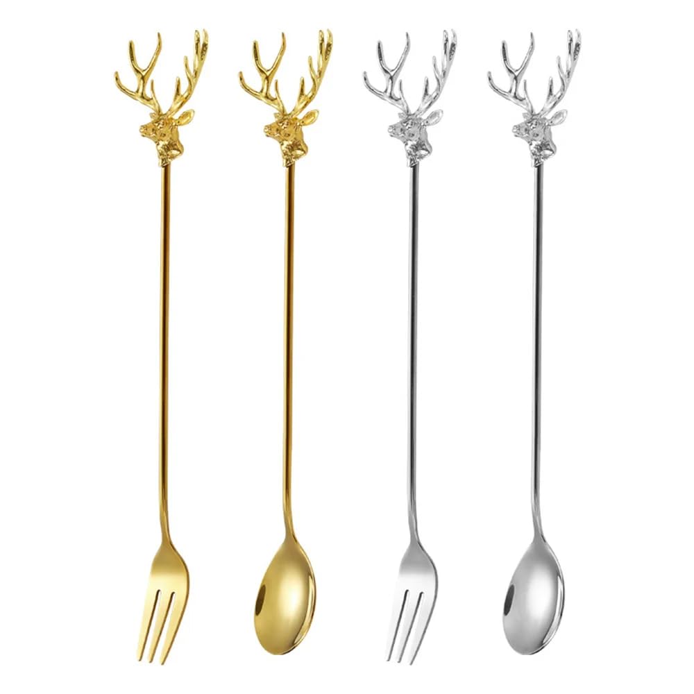 Cucharas de café de mango largo de alce, de acero inoxidable, para helado, postre, regalos de Navidad, accesorios de cocina, cuchara dorada