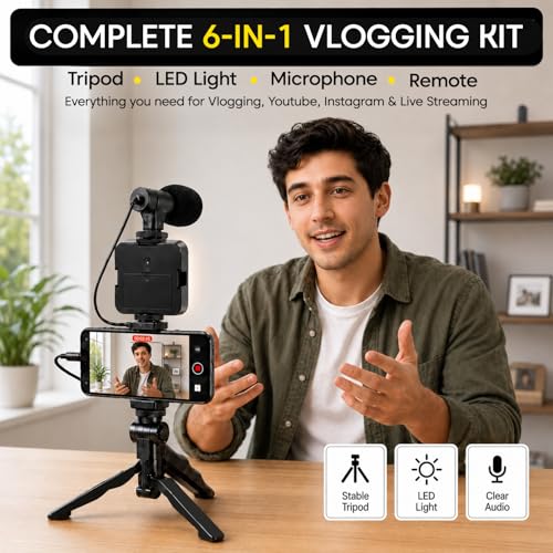 Image of Sounce 6-in-1 Vlogging Kit with Tripod | Mini LED Light, Cardioid Microphone & Phone Clip | Compatible with iPhone & Android | for YouTube, Instagram, Live Streaming & Video Calling