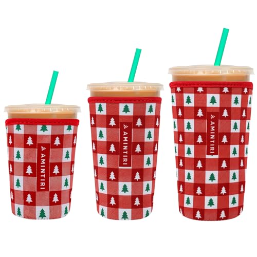 Image of 3 Pack Reusable Neoprene Sleeve for Iced & Hot Drinks, Compatible with Starbucks, Dunkin' Coffee Cup (Christmas Checkerboard)