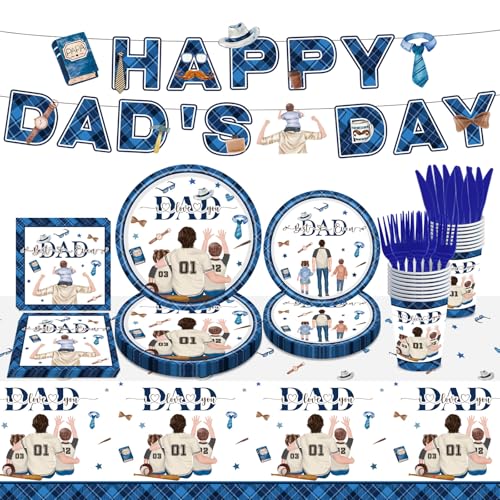 98PCS Happy Father's Day Party Supplies Fathers Day Tableware Set Best Dad Paper Plates Napkins Forks Knives Tablecloth Banner Fathers Day Party Decorations Disposable Dinnerware for 16 Guests