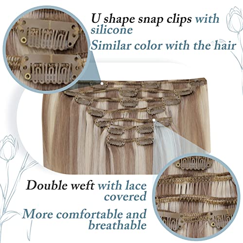 RUNATURE Clip in Human Hair Extensions Ombre Blonde Balayage Clip in Extensions Real Human Hair 22 Inch 120g 7pcs - Image 4