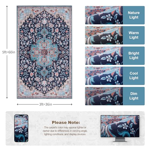 Tapete Boho Floral Lavable Azul 3 x 5 pies miniatura 2
