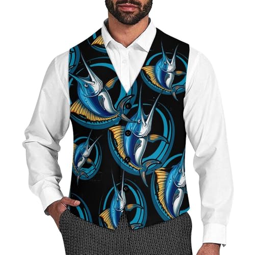 Swordfish Sport Fishing Marlin Sailfish Billfish Men's Suit Vests Business Formal Dress V-Neck Waistcoat Tops with 2 Pockets