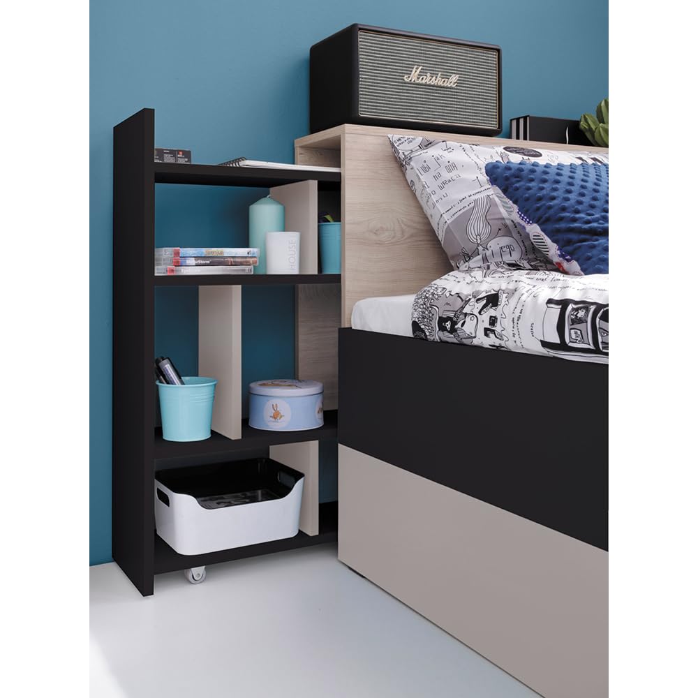 Lomadox Jugendzimmer Set 7-teilig mit Bett, Eckkleiderschrank, 2 Regalschränke, Wandboard, Schreibtisch, Schreibtischaufsatz in schwarz/braun/beige Modern