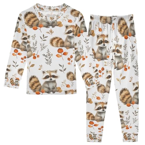 senya Raccoon Autumn Leaves Pajamas Set Long Sleeve Soft Cotton Sleepwear 2 Piece