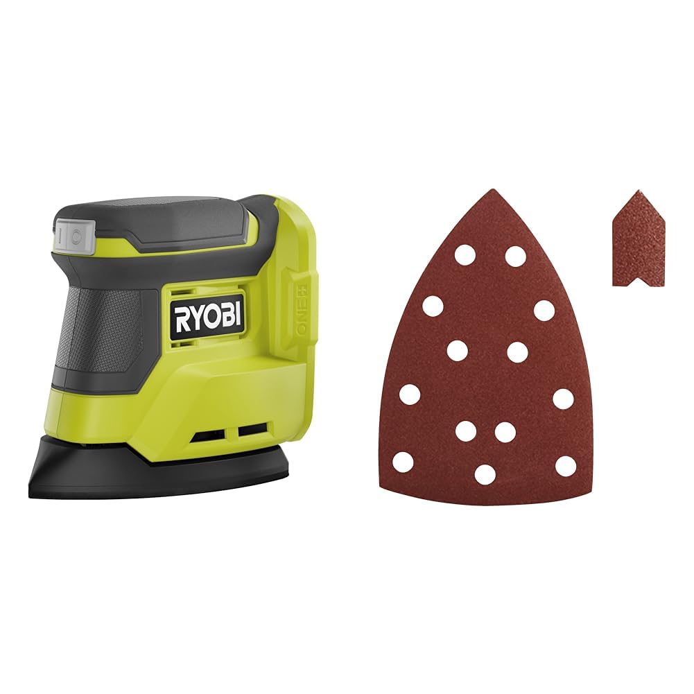 RYOBI - Ponceuse triangulaire 18V - diamètre d'oscillation 1,8 mm - patin 100 x 140 mmm & Assortiment 20 abrasifs pour ponceuses EPS80RS / R12PSL13S / RPS100 / RPS80 / RPS70