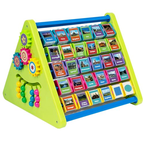 Image of FLYI Activity Cubes 8-in-1 Activity Triangle for Kids | Learn States & Capitals with Image, Abacus, Writing & Drawing Board, Spin Gear, Learn Clock, STEM Educational Toy for Toddlers, Best Return Gift