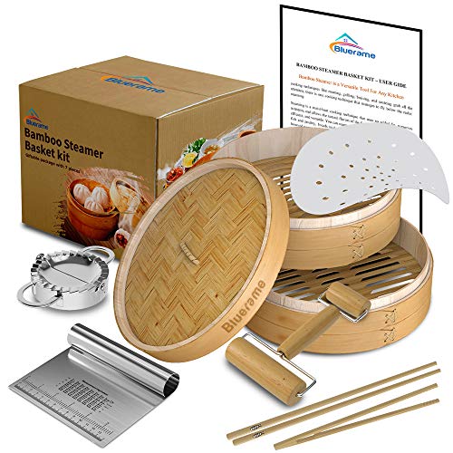 Bamboo Steamer basket Kit 10 inch with Lid,Dumpling Maker,handmade Cookware for cooking,Two Tier,Healthy Food Steamer,Chinese Cooker for Vegetables,Dim Sum,Chopstick,Cutter dough,Rolling Roll,Bao Buns