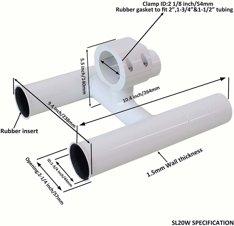 T-Top fishing Rod Holder Twin Aluminum clamp-on fit 1-1/2",1-7/8",2" inch horizontal or vertical fishing tower/leaning post/rail white black anodized (White)