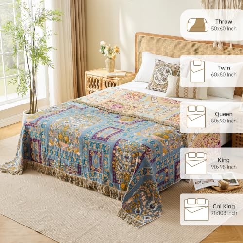 Image of VANJOROY Boho Throw Blanket, 100% Organic Cotton Breathable Skin-Friendly Ultra Soft 60 inch x 80 inch Bed Quilt Throw - Floral Rustic Luxury Reversible Blanket for Sofa Couch Chair and Gift,
