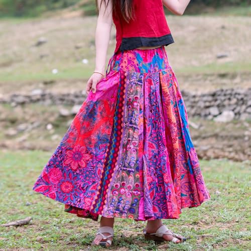 Bohemian High Waisted Elastic A-Line Skirt Loose Patchwork Long Skirt Summer Beach Skirt Versatile and Casual3
