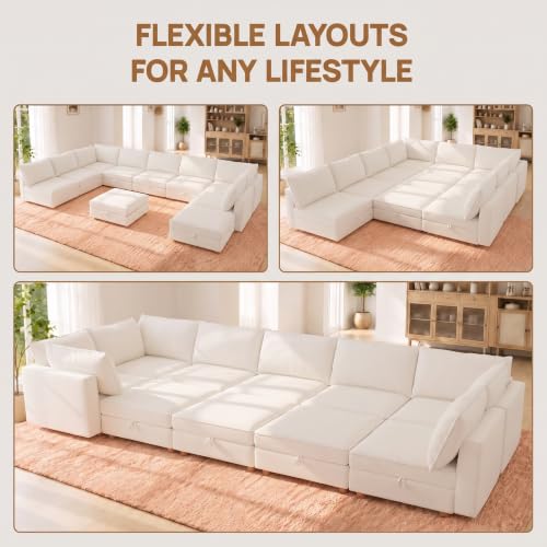 Image of 99 inch Chenille Modular Sofa Bed with Washable Covers & Storage, 10-Seater Modular Sectional Sleeper Sofa Bed with Movable Ottoman Chaise, Convertible Sleeper Sectional Couches for Living Room, Beige