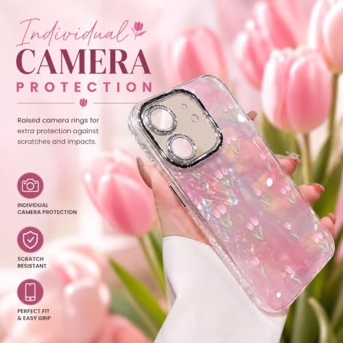 Image of mobistyle Designed for iPhone 11 | Camera Lens Protection |Tulip Flower Pattern Print Design TPU+PC for Women Teen Girls Phone Back Cover Case (Tulip Pink)