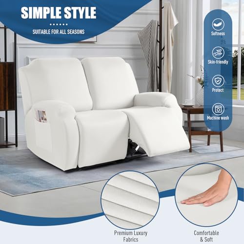 Image of TAOCOCO Recliner Loveseat Slipcover, 2 Pieces Polyester Fabric Stretch Sofa Covers for 2 Seat Reclining Couch, Soft Washable Furniture Protector with Pockets (2 Seat, Milk White)