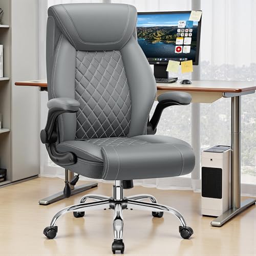 Image of BestGlory Executive Office Chair with Lumbar Support, Big and Tall Ergonomic Computer Desk Chair, Leather Comfy High Back Gaming Chair with Flip Up Arms & Rocking Function for Home Office, Gray