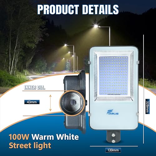Image of Forus 100W LED Street Light with Clamp, IP66 Waterproof Outdoor LED Street Light, High Lumen 12000lm Warm White, Aluminium Body for Road, Parking Lot, Garden & Industrial Outdoor Lighting (1 Pc)