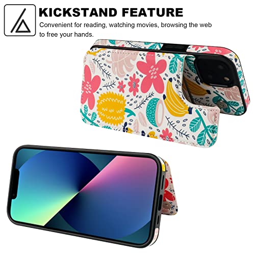 Image of HAOPINSH for iPhone 13 Case Wallet with Card Holder, Summer Fruits Pattern Back Flip Folio PU Leather Kickstand Card Slots Case for Women Girls, Double Magnetic Clasp Shockproof Cover 6.1 inch