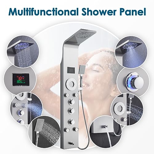 ROVOGO Shower Panel Tower System Unibody Design, Rain Mist Shower, Body Jets, Handheld and Tub Spout, No Battery Needed Led Lights and Temp Display, Shower Column 304 Stainless Steel Brushed