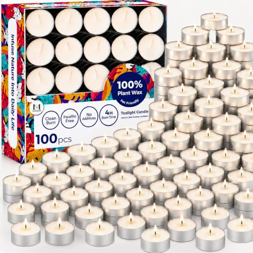 MOSROAD Tea Lights Candles 100 Pack 4 Hour Palm Wax White Tealight Candle Bulk for Home Natural Unscented Small Votive Candles for Wax Warmer Smokeless Tea Light for Wedding Shabbat Emergency