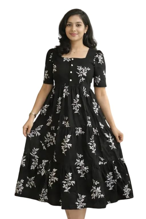 Image of Women's Round Neck Floral Block Printed Elbow Sleeves Front Button Detailing Layered and Tiered Hem Kurti Gown