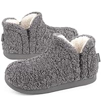 FamilyFairy Women's Memory Foam Boots Slippers Warm Shearling Bootie Soft Plush Fleece Comfy House Shoes Outdoor Indoor Rubber Sole Grey, 5-6