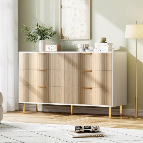 Image of IDEALHOUSE Natural Dresser, Modern 6 Drawer Dresser for Bedroom with Gold Handle and Large Drawer, Wood Double Chest of Drawers and Storage Organizer for Living Room, Hallway, Entryway