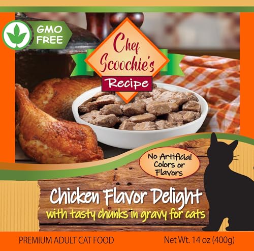 Scoochie Pet Products Chef Scoochie's Tender Chicken Chunks in Gravy Wet Cat Food - Easy Open Pop-Top Cans - Protein & Essential Nutrients - Gourmet Meal for Indoor & Outdoor Cats 12 Cans (14 oz e.)