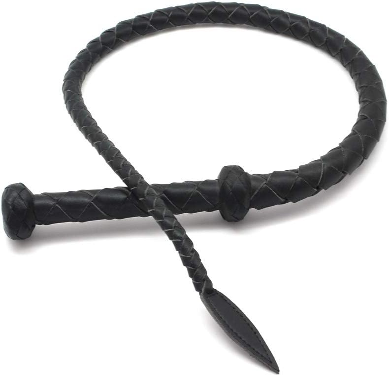 smspade Horse Leather Whip Black Braided Leather Bull Whip 37.5" Braided Handle Grip for Horseback Riding