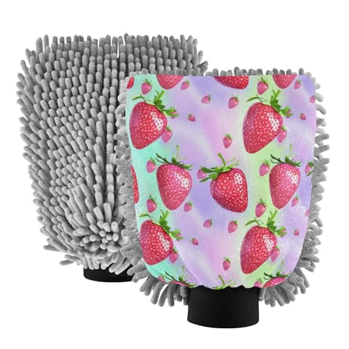 STAYTOP Cute Strawberries Car Wash Mitt Microfiber, 2Pcs Scratch Free Lint-Free, Premium Chenille Microfiber Mitt Car Wash Brush-L